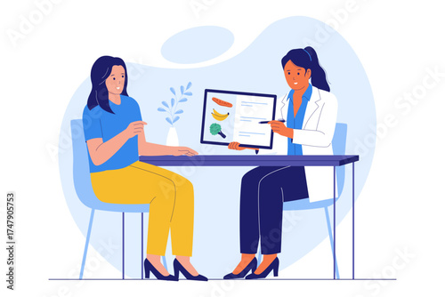 Illustration of Nutritionist Consultation and Diet Planning. Patient Discussing a Personalized Diet Plan with a Doctor