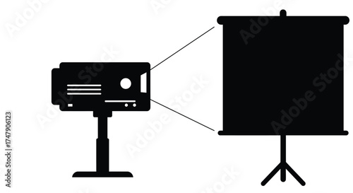 Simple black silhouette of a projector and a projection screen setup