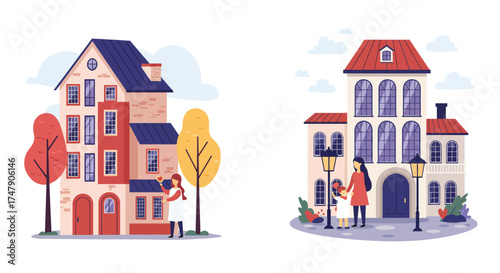 Charming european buildings with people enjoying a peaceful autumn day scene