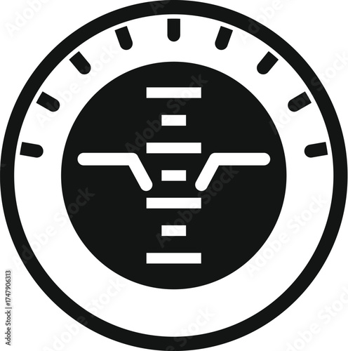 Round artificial horizon indicator showing level flight in aircraft cockpit, simple black and white icon