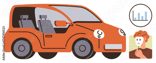 Orange car with visible interior seats, driver portrait, and a small bar chart, highlighting transportation, mobility, driver monitoring, technology, safety analysis and efficiency. Simple flat