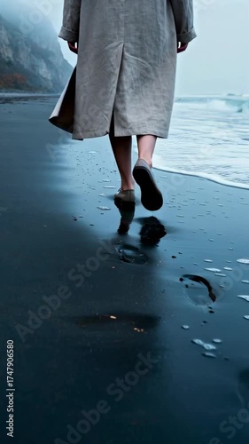 Autumn Coastal Walk: A Person's Journey on a Foggy Black Sand Beach with Gentle Waves