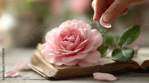 gentle touch, rose petal and book
