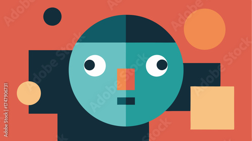 An exploration of negative space featuring simple shapes like squares and circles that form an abstract face when viewed together.