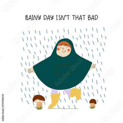 Happy kid in raincoat and rubber boots in a rainy autumn day. Hand drawn flat vector character Illustration. Joyful preschooler enjoying the rain. Vector clipart