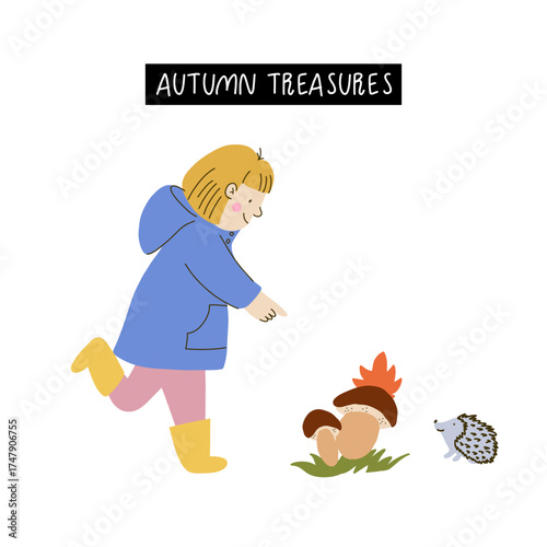 Happy kid in raincoat and rubber boots in a rainy autumn day spotting the mushrooms. Hand drawn flat vector character Illustration. Joyful preschooler enjoying the rain. Vector clipart