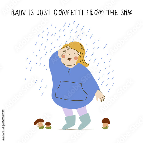 Happy kid in raincoat and rubber boots in a rainy autumn day. Hand drawn flat vector character Illustration. Joyful preschooler enjoying the rain. Vector clipart