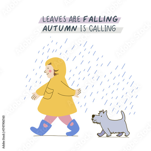 Happy kid in raincoat and rubber boots with a dog in a rainy autumn day. Hand drawn flat vector character Illustration. Joyful preschooler enjoying walk the rain. Vector clipart