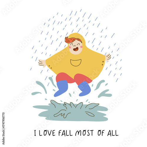 Happy kid in raincoat and rubber boots in a rainy autumn day. Hand drawn flat vector character Illustration. Joyful preschooler enjoying the rain. Vector clipart