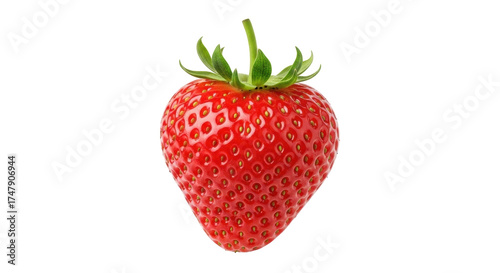 Isolated ripe strawberry with stem, fresh red fruit for dessert, healthy eating concept