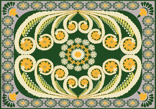 This elegant floor rug design features symmetrical golden floral and fern-like patterns radiating from the center on a deep green background. The border is decorated with intricate flower motifs.