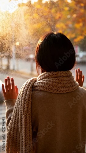 Pensive Woman Gazing Through Foggy Autumn Window at Golden Hour | Vertical Video