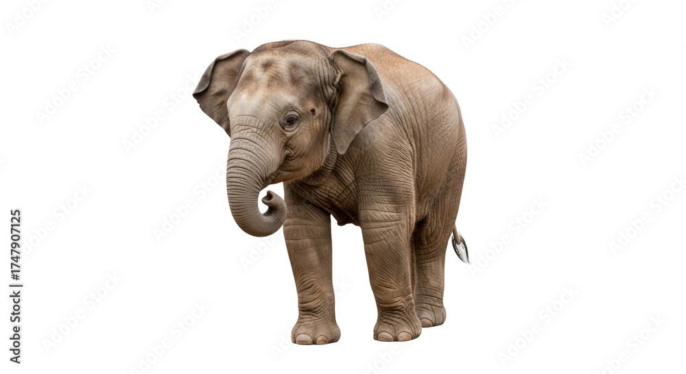 Fototapeta Isolated elephant calf standing, trunk curled, animal portrait, close-up, Asian wildlife, cute, wild