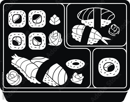 Vector art of bento box with sushi and rolls