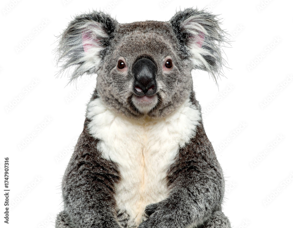 Naklejka premium Closeup portrait of a koala bear sitting and looking forward, isolated on transparent background