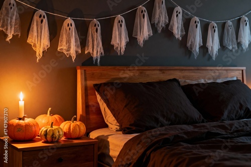 Halloween Bedroom with Pumpkins and Garland