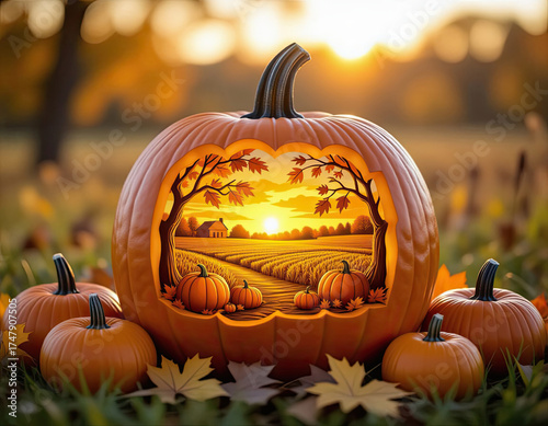 An art object on the theme of pumpkin harvest. A porcelain pumpkin in double exposure.