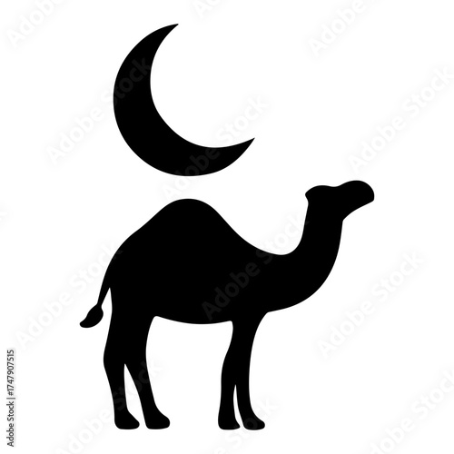 Silhouette of a camel under a crescent moon