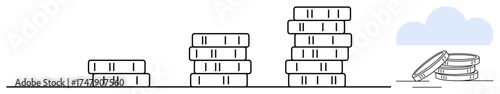 Stacked coins in ascending height symbolize financial growth, savings, investment, profit, wealth, and balance. Ideal for banking, economy, success progress budgeting income simple flat metaphor