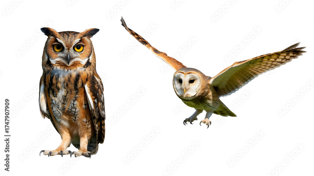 Naklejka premium Two owls, one standing and one flying, isolated on transparent background