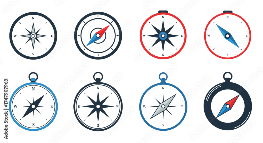 Fototapeta premium Collection of various compass designs in different colors and styles