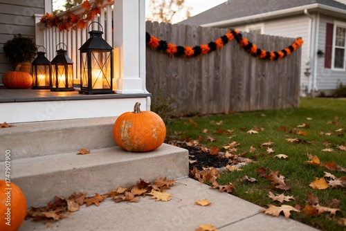 Halloween Porch Decor with Pumpkins and Lanterns