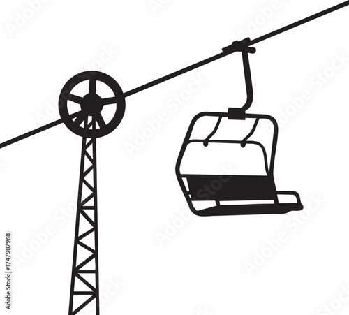 Ski Lift Chair Silhouettes Two Empty Seats Side View Black and White