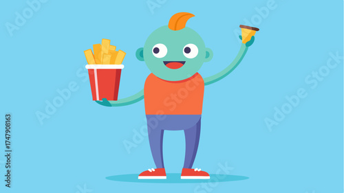 An animated character holding a large soda cup and fries embodying the fun youthful spirit of fast food culture in an energetic pose.
