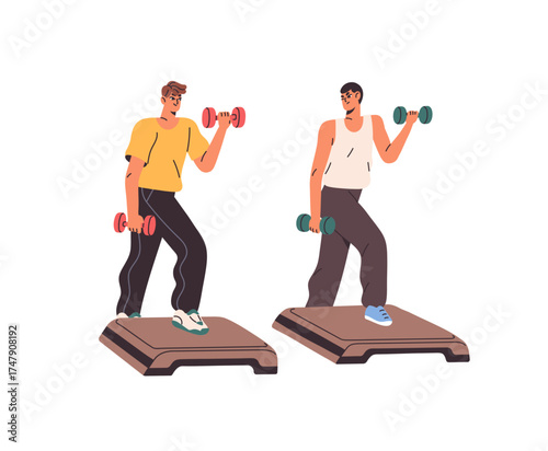 Friends do bench aerobics with dumbbells together. Men practice group step training in fitness gym. People do sports exercises, lift weights at workout. Flat isolated vector illustration on white