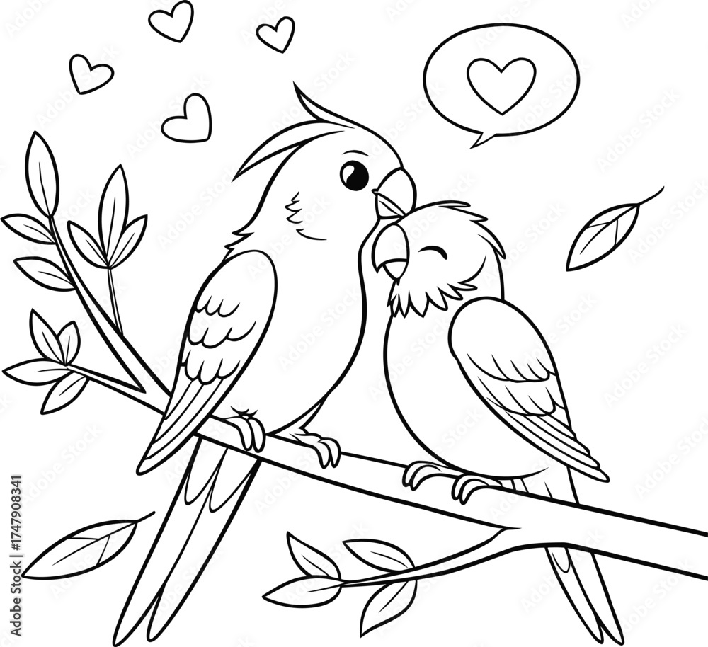 Obraz premium A charming black-and-white line drawing of two cockatiels interacting, perfect for coloring or as a minimalist art piece 