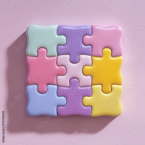 A nine-piece puzzle with pastel colors is arranged on a pink surface, creating a visually appealing and playful composition with soft shadows enhancing the design.
