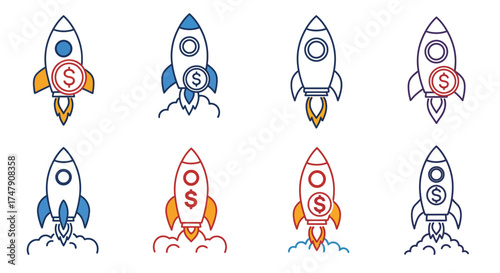 Collection of rocket ship icons with dollar signs and flame effects