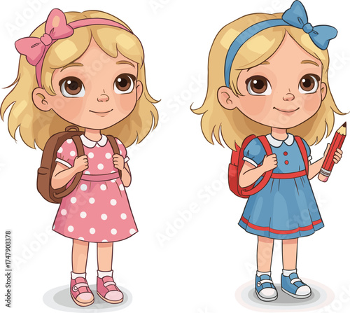 Cartoon girl in pink and blue dresses with backpacks and pencils, cute character design, school theme, fashion variation, learning moment