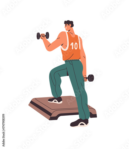 Man does step training with dumbbells. Sportsman does bench aerobics with lifting weights. Person does physical exercises at sport workout in gym. Flat isolated vector illustration on white background