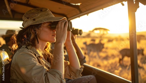 Woman observing wildlife through binoculars during a sunset safari in the savannah, with zebras nearby