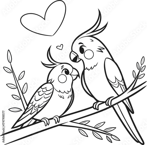 A charming black-and-white line drawing of two cockatiels interacting, perfect for coloring or as a minimalist art piece
