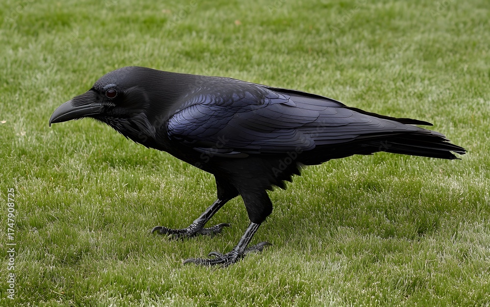 Obraz premium Majestic Black Raven on Green Grass, Bird Wildlife Photography