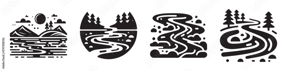 Obraz premium Modern Minimalist River Landscape Icon, Flat Silhouette of a Natural Scenery Vector for Nature Illustration Design