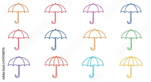 Colorful collection of outlined umbrellas arranged in a grid pattern
