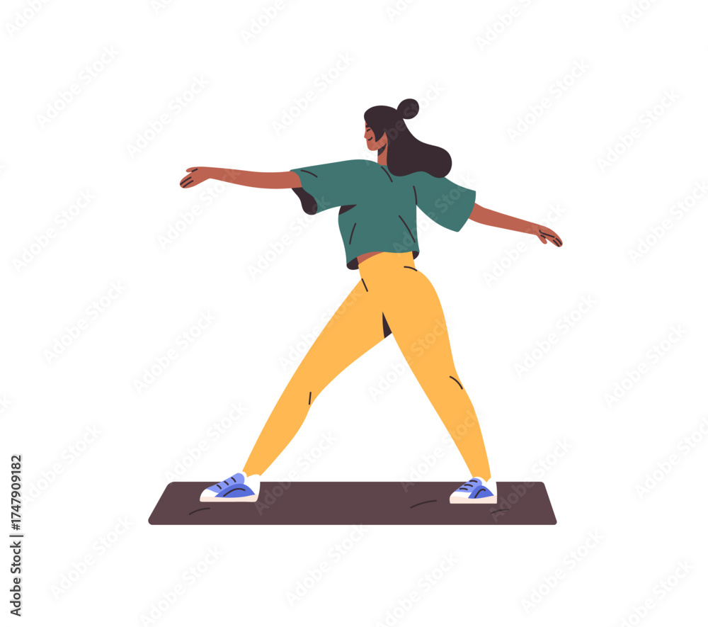 Obraz premium Young woman practices yoga training, stands in warrior pose. Black girl is stretching, does physical exercises while sports workout in gym. Flat isolated vector illustration on white background