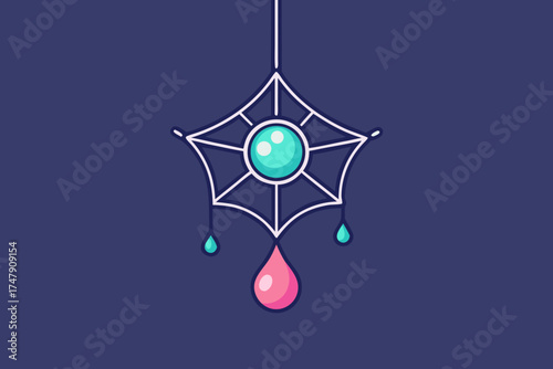 Minimal hanging web strand icon glowing dewdrop on web