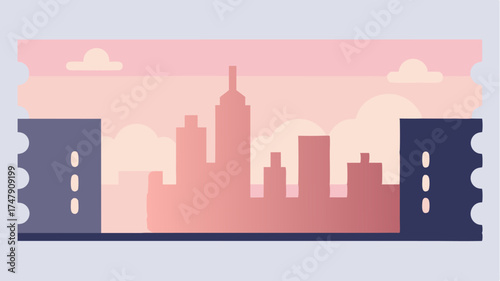 A minimalist ticket illustration with a simple skyline silhouette and soft pastel colors perfect for a film festival.