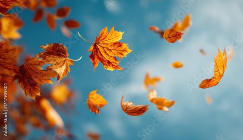 Close up of orange autumn leaves falling and swirling in the clear blue sky