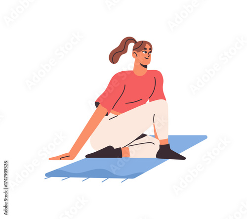 Happy girl is stretching, training. Person sits, relaxes on mat after sports workout. Young woman practices yoga pose, does physical exercises. Flat isolated vector illustration on white background