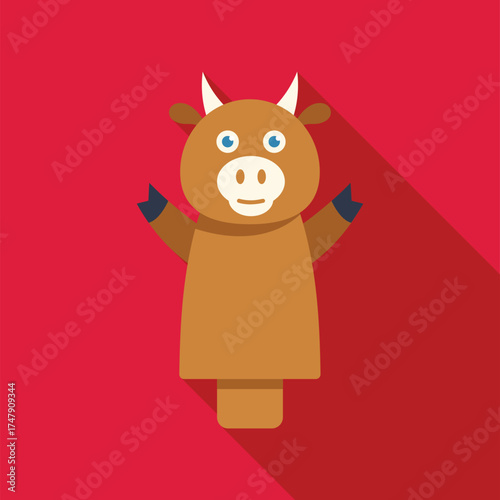 Brown glove puppet bull toy with blue eyes and dark hooves waving on red background