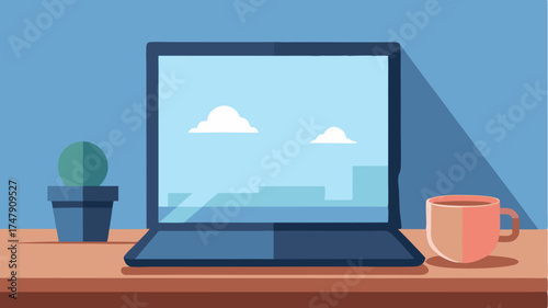 A serene office view highlighting a laptops screen reflecting soft light paired with an understated coffee cup resting on a wooden surface.