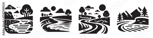 Modern Minimalist River Flow Icon, Flat Silhouette of a Water Stream Vector for Nature Illustration Design