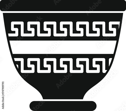 Black and white illustration of a traditional ancient greek bowl, decorated with a meander pattern, showcasing the rich history of greek pottery