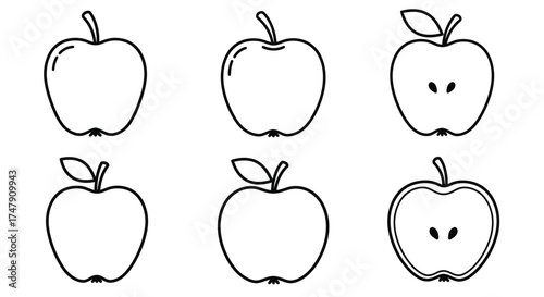 Simple black and white illustration of six different apple outlines