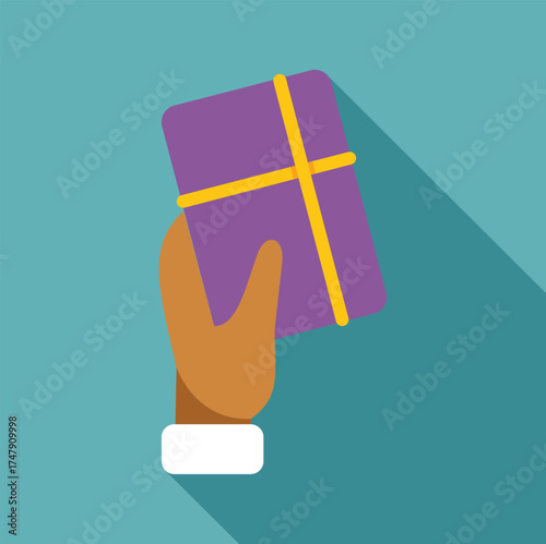 Hand offers a beautifully wrapped purple gift box adorned with a yellow ribbon, symbolizing a festive celebration or special occasion